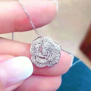 New Gorgeous 925 Silver Sim. Diamond Rose Necklace